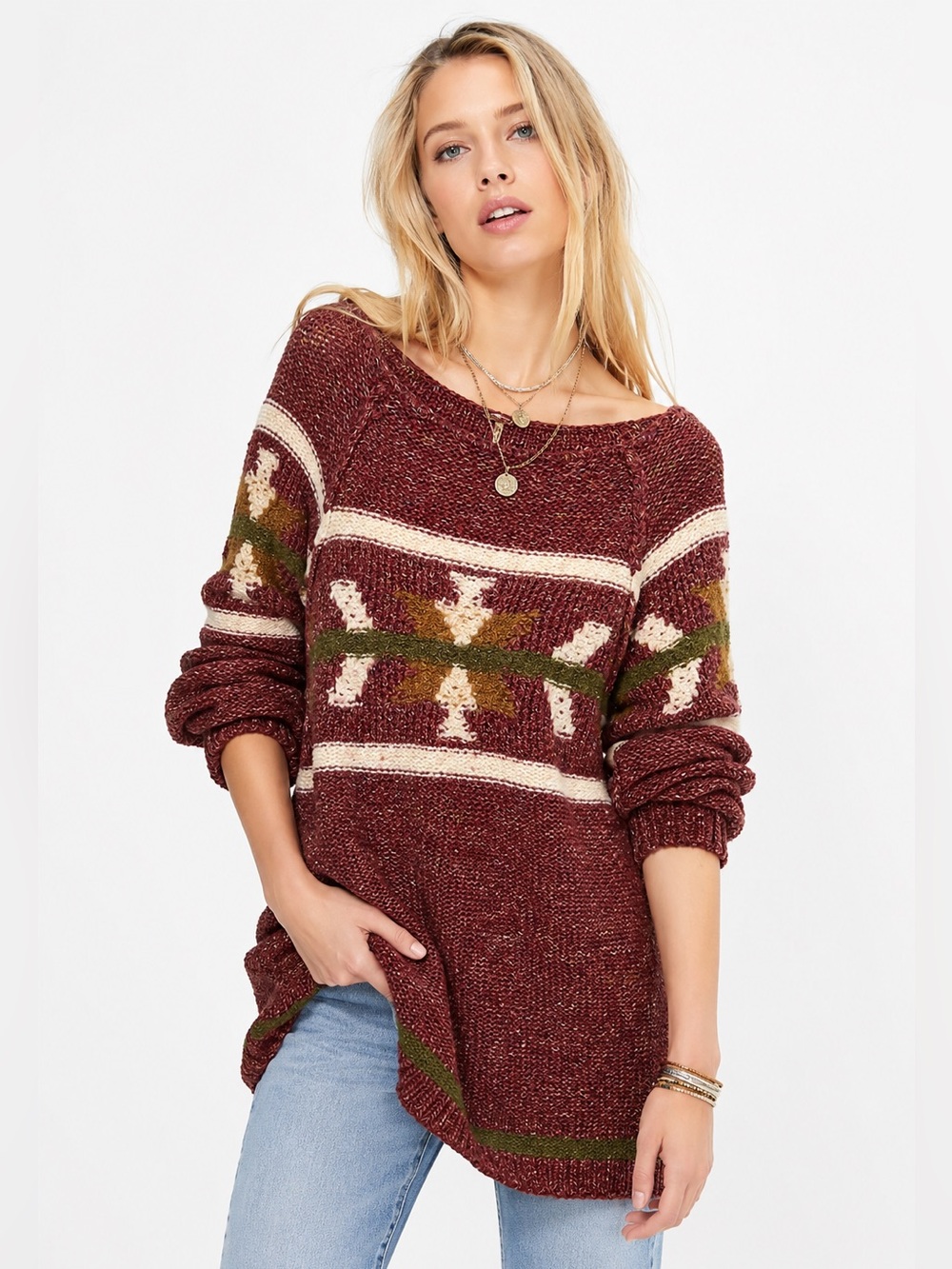 Free People Oversized Southwestern Wool Linen Chunky Sweater Tunic